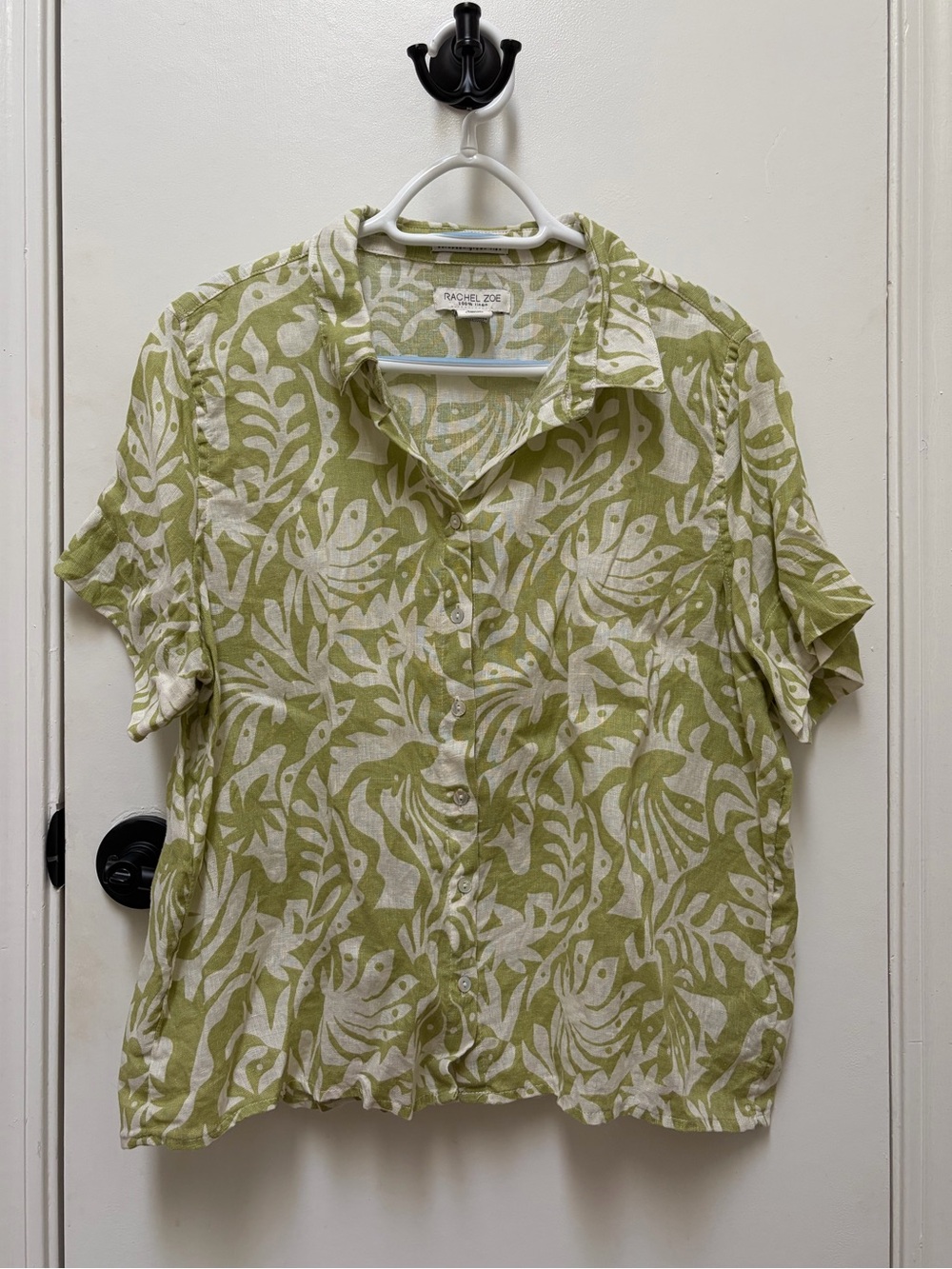 Rachel Zoe 100% Linen Light Green Botanical Camp Shirt